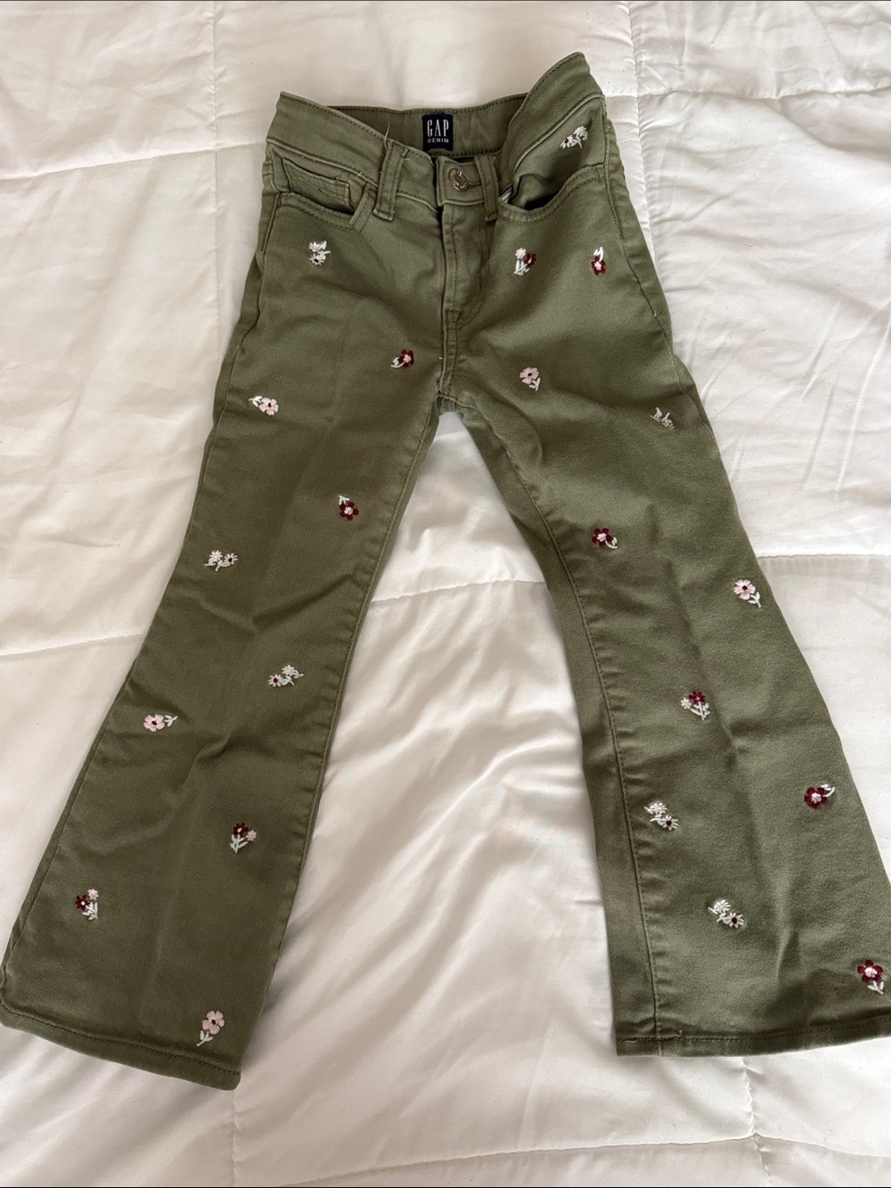 GAP Girl’s  Olive Green Floral Embroidered Flare Jeans